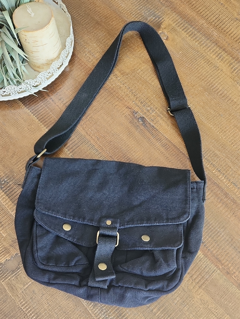 Vintage Black Canvas Crossbody Messenger Bag